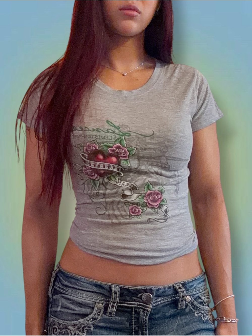 Gray Floral Heart Graphic Tee for Women